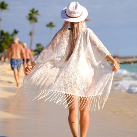 ✨Boho White Lace Fringed Kimono Beach Coverup✨ - Picture 5 of 8
